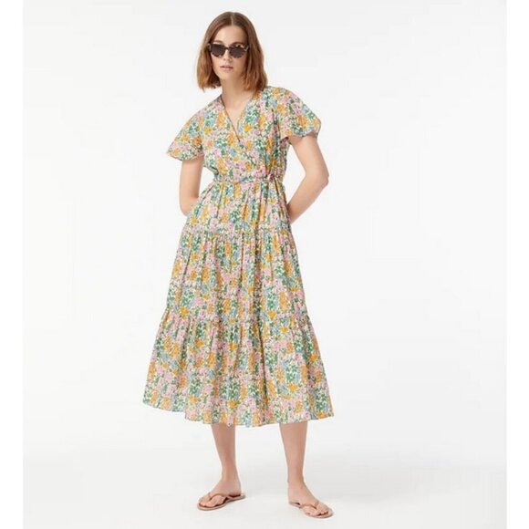 💕J.CREW X LIBERTY Faux-Wrap Dress Mini Floral Walk Petunia Lime Marigold 6 NWOT - Picture 1 of 12